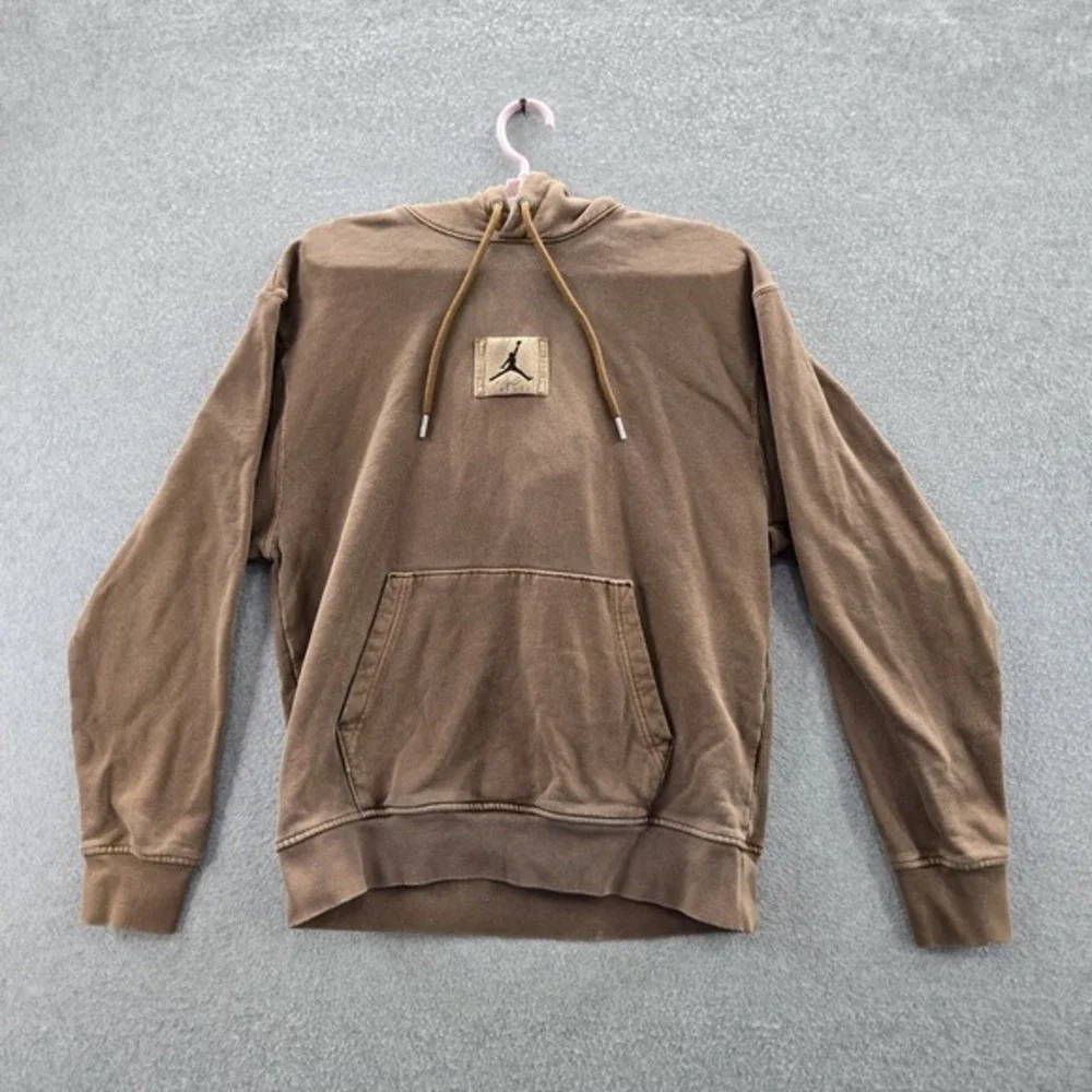 VINTAGE Jordan Men Hoodie S Brown Y2K Jumpman Logo Embroidered Long Sleeve READ